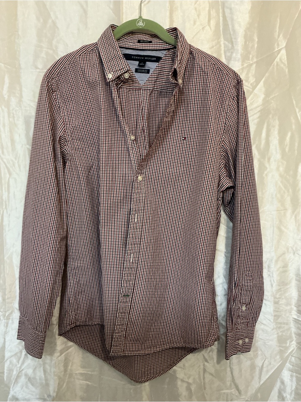 Tommy Hilfiger Men's Burgundy and White Micro-Check Button-Down Shirt